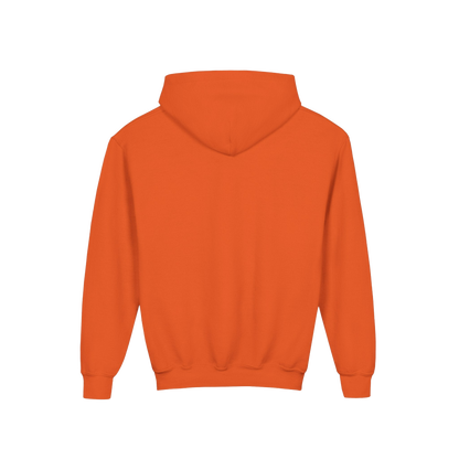 A bright orange hoodie is shown against a black background.