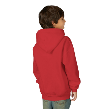 A young boy wearing a red hooded sweatshirt stands facing away from the camera.