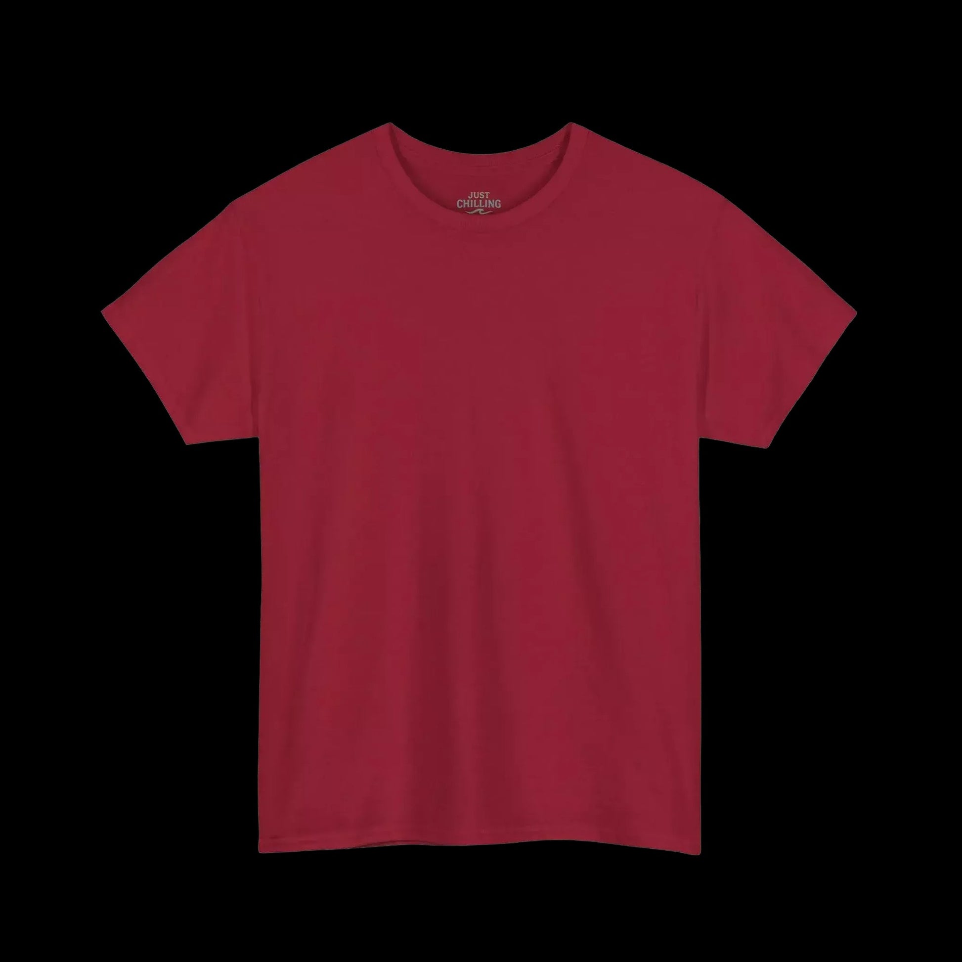 A red t-shirt is shown against a black background.