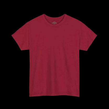 A red t-shirt is shown against a black background.