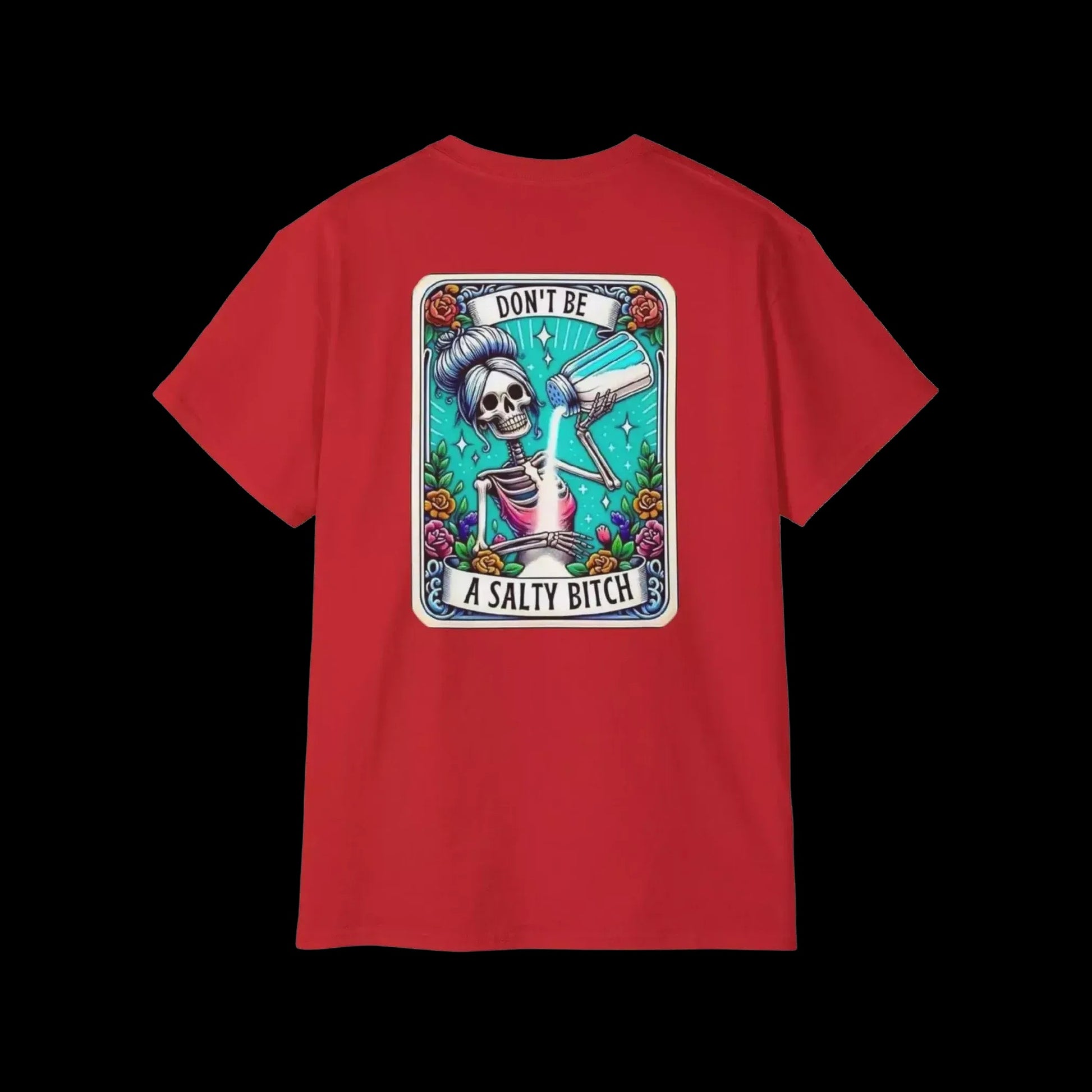 A red t-shirt with a graphic design featuring a skeleton wearing a sombrero and holding a bottle of alcohol, surrounded by colorful flowers and plants.