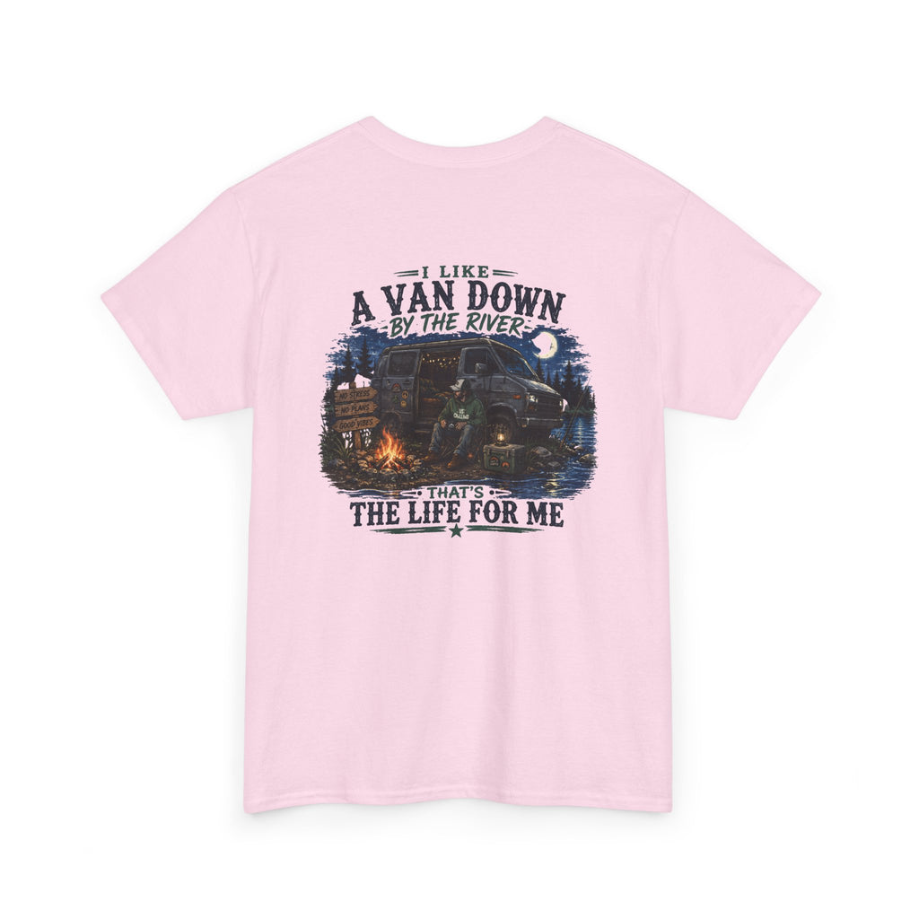 T-Shirt — “I Like a Van Down by the River” Vintage Campfire Van Life Tee