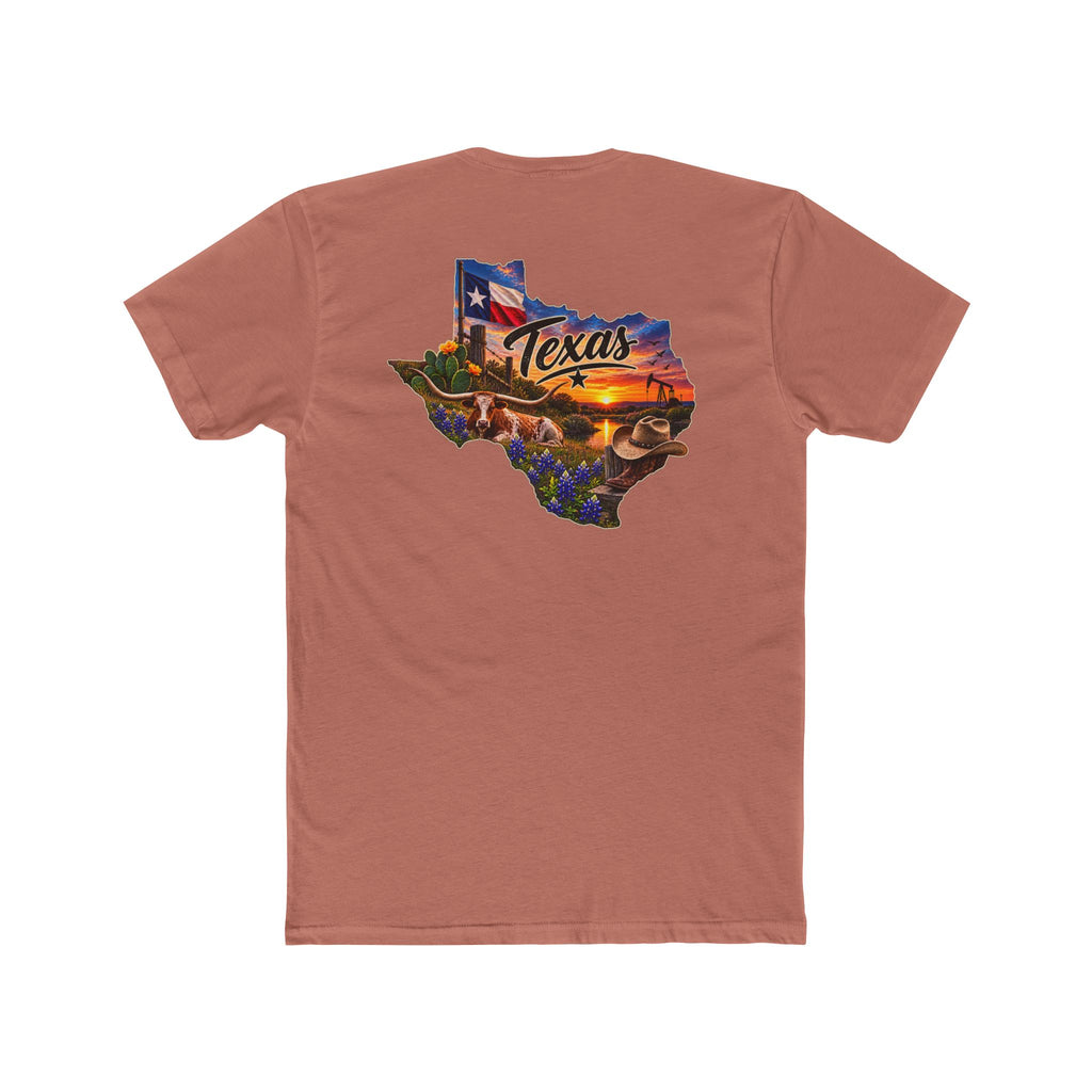 Texas State Map T-Shirt — Scenic Sunset & Flag Graphic