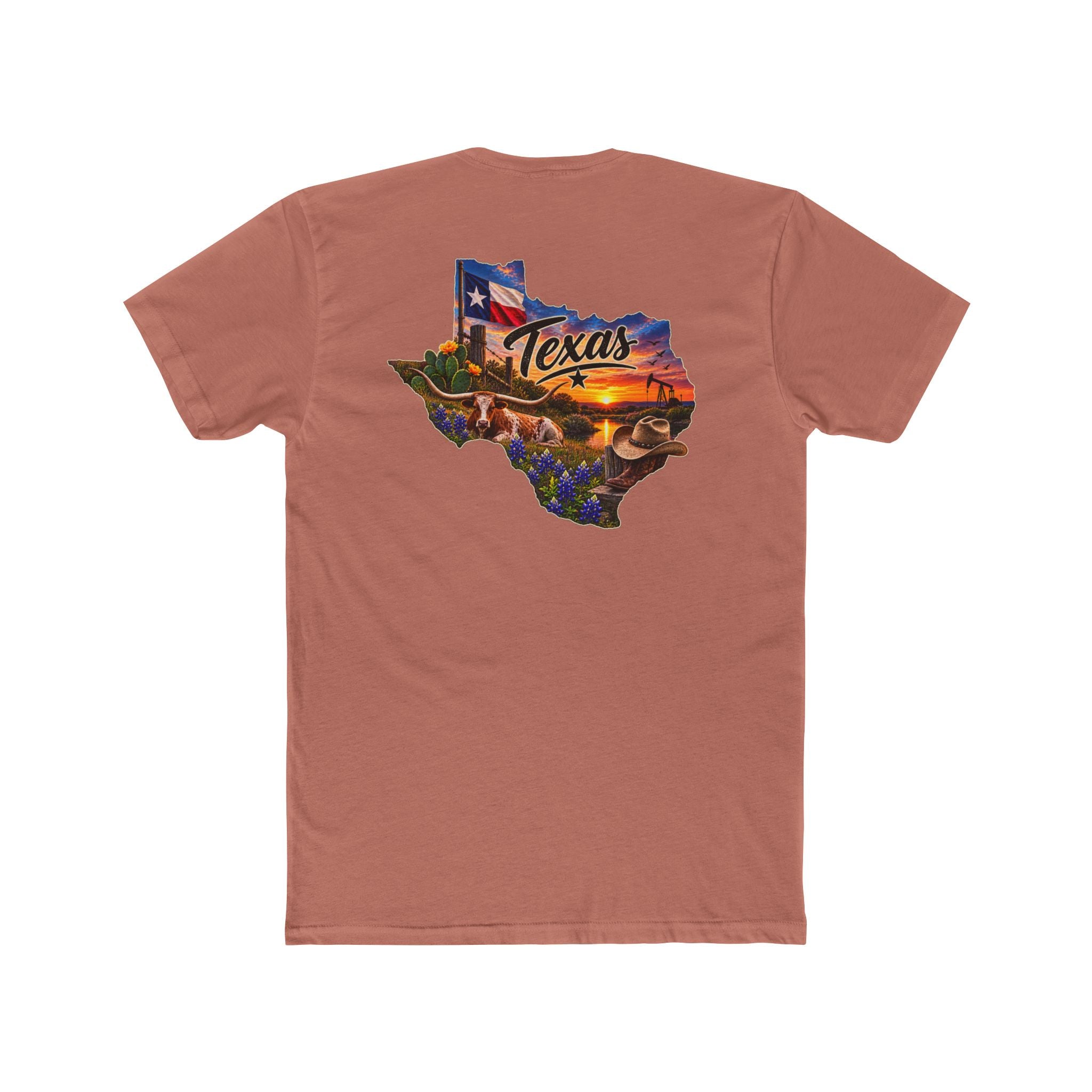 Texas State Map T-Shirt — Scenic Sunset & Flag Graphic