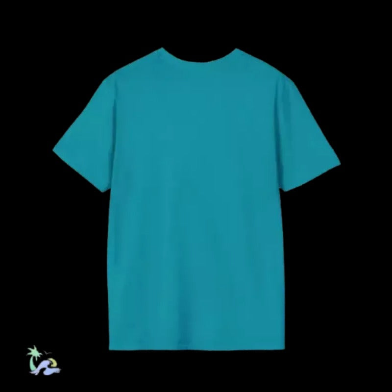 A plain, solid teal-colored t-shirt is displayed against a black background.