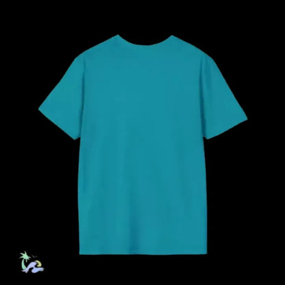 A plain, solid teal-colored t-shirt is displayed against a black background.