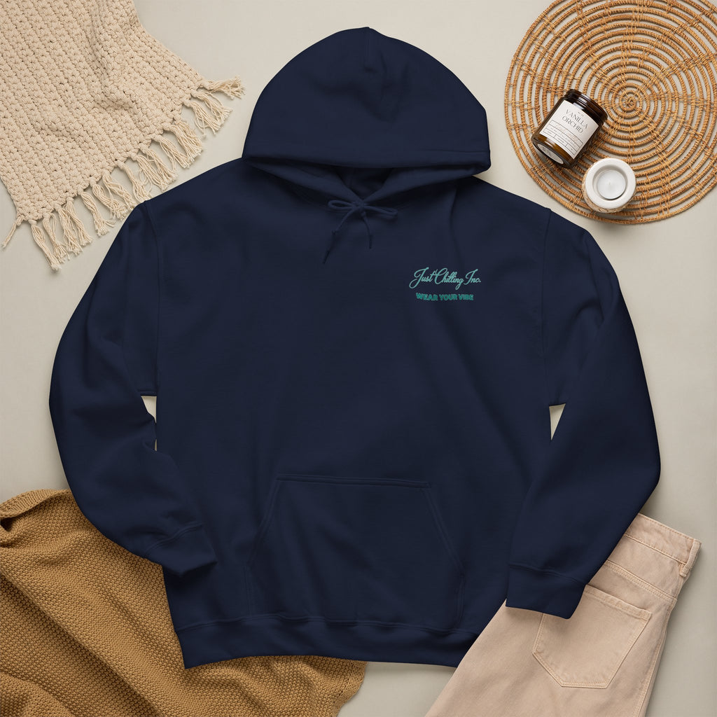 Navy blue hoodie with gold crown designs on a neutral background