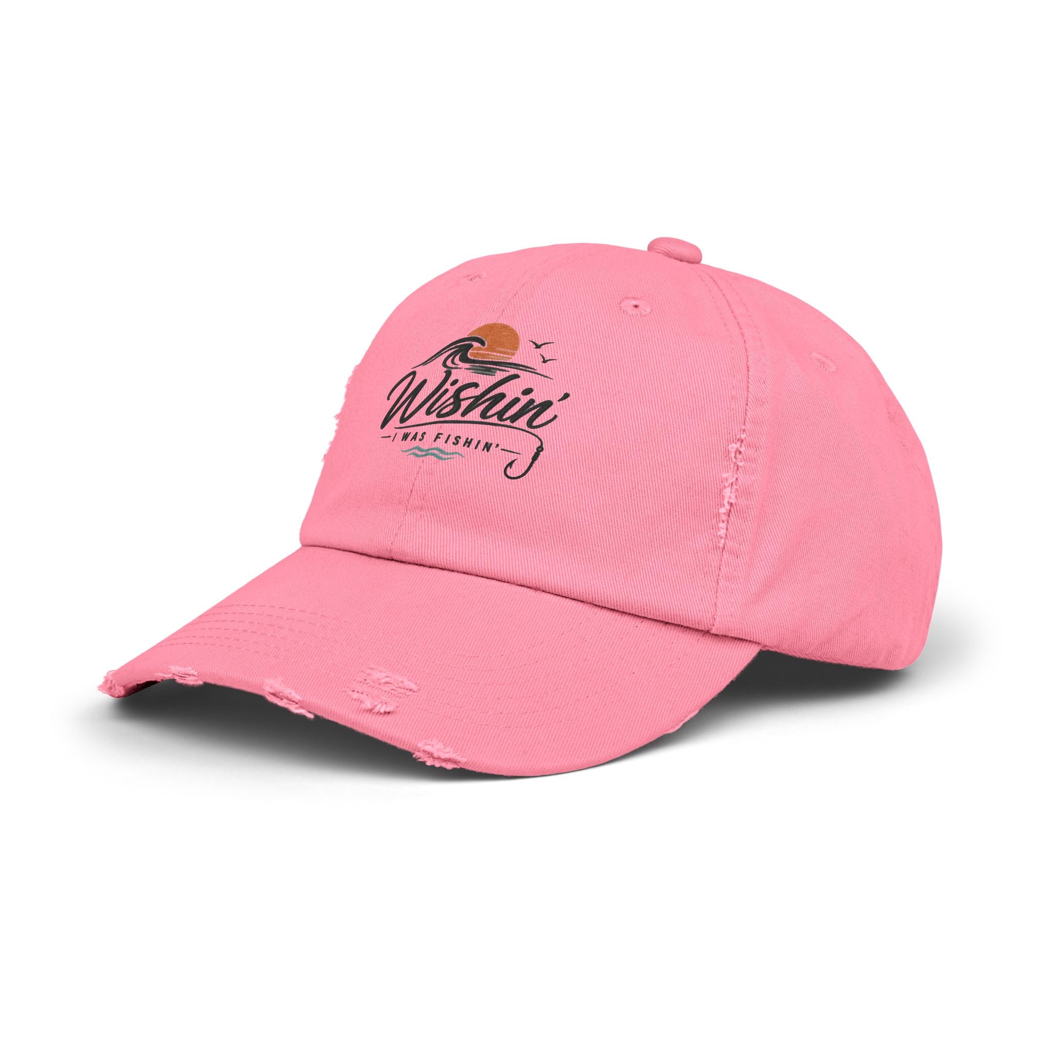 Distressed Baseball Cap - "Wishin' I Was Fishin'" Vintage Fishing Hat