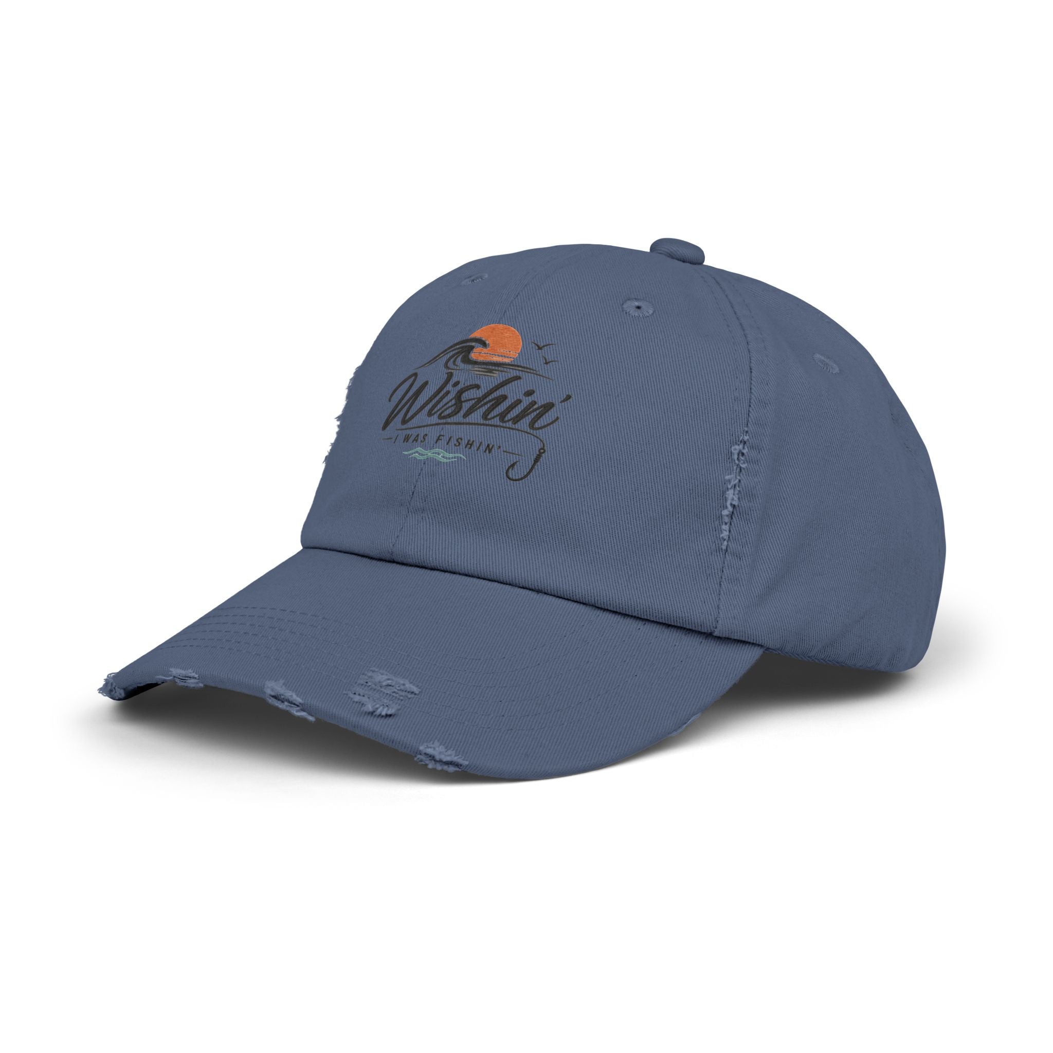 Distressed Baseball Cap - "Wishin' I Was Fishin'" Vintage Fishing Hat