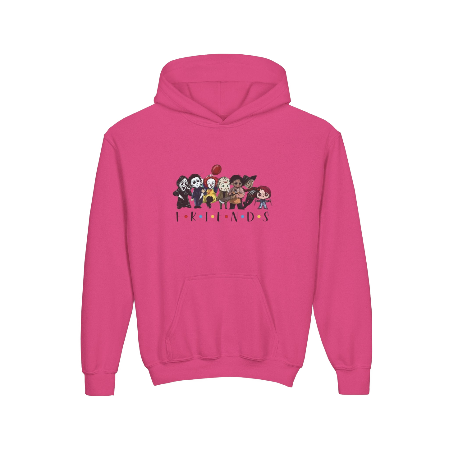 A pink hoodie with a graphic design featuring a group of cartoon characters.