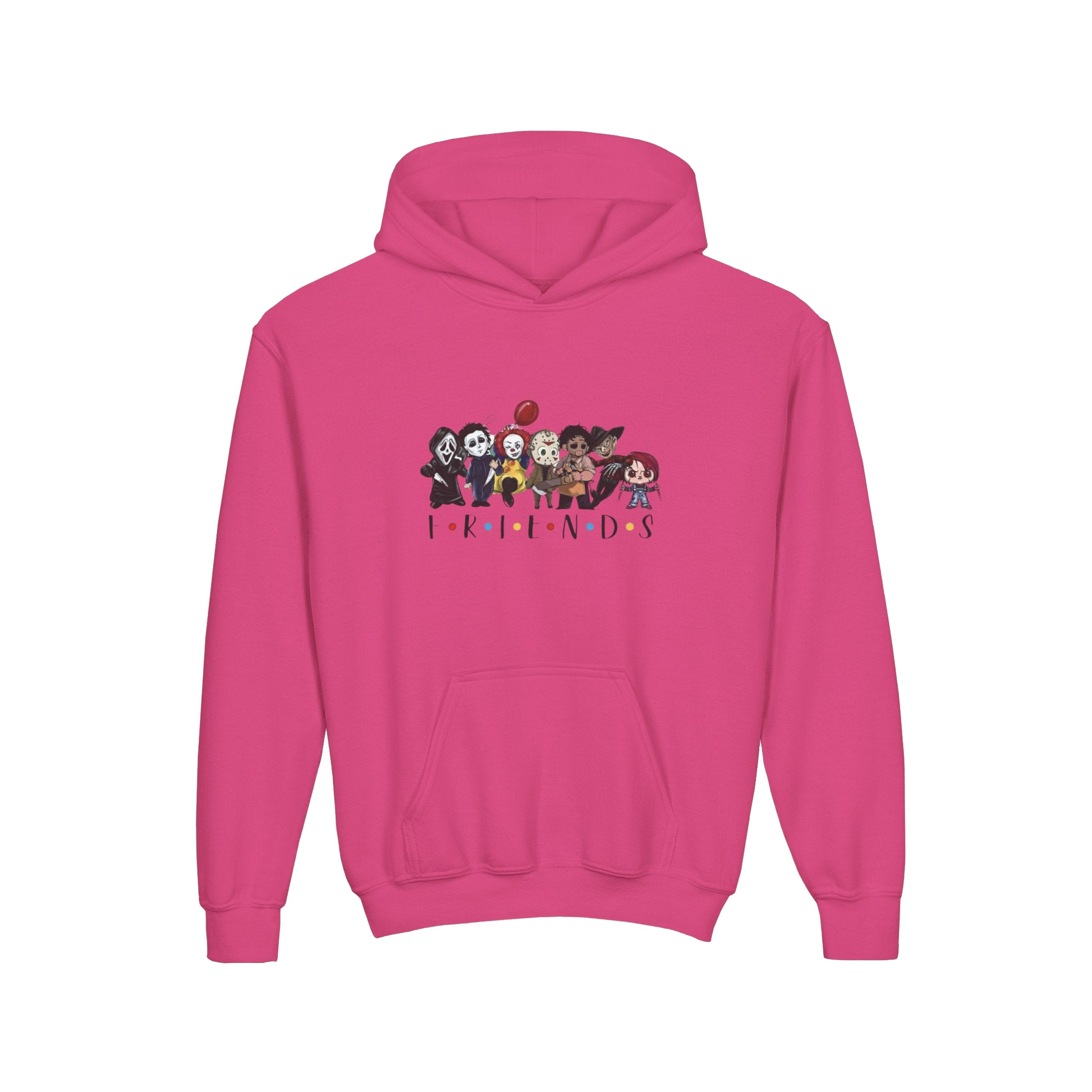 A pink hoodie with a graphic design featuring a group of cartoon characters.