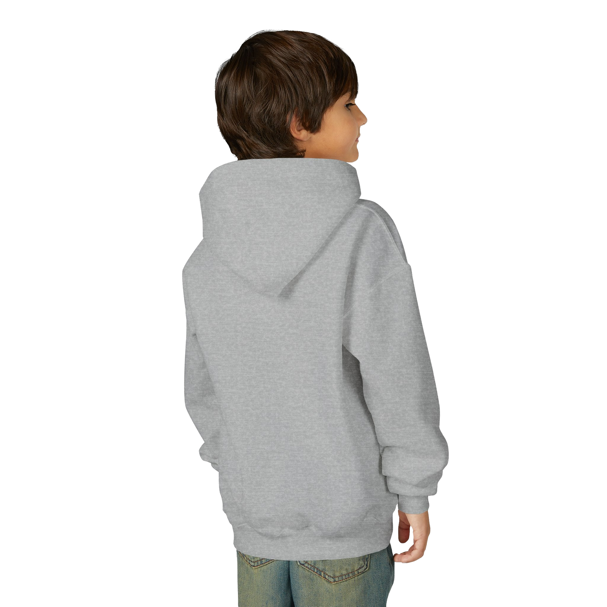 A young boy wearing a gray hooded sweatshirt stands facing away from the camera.