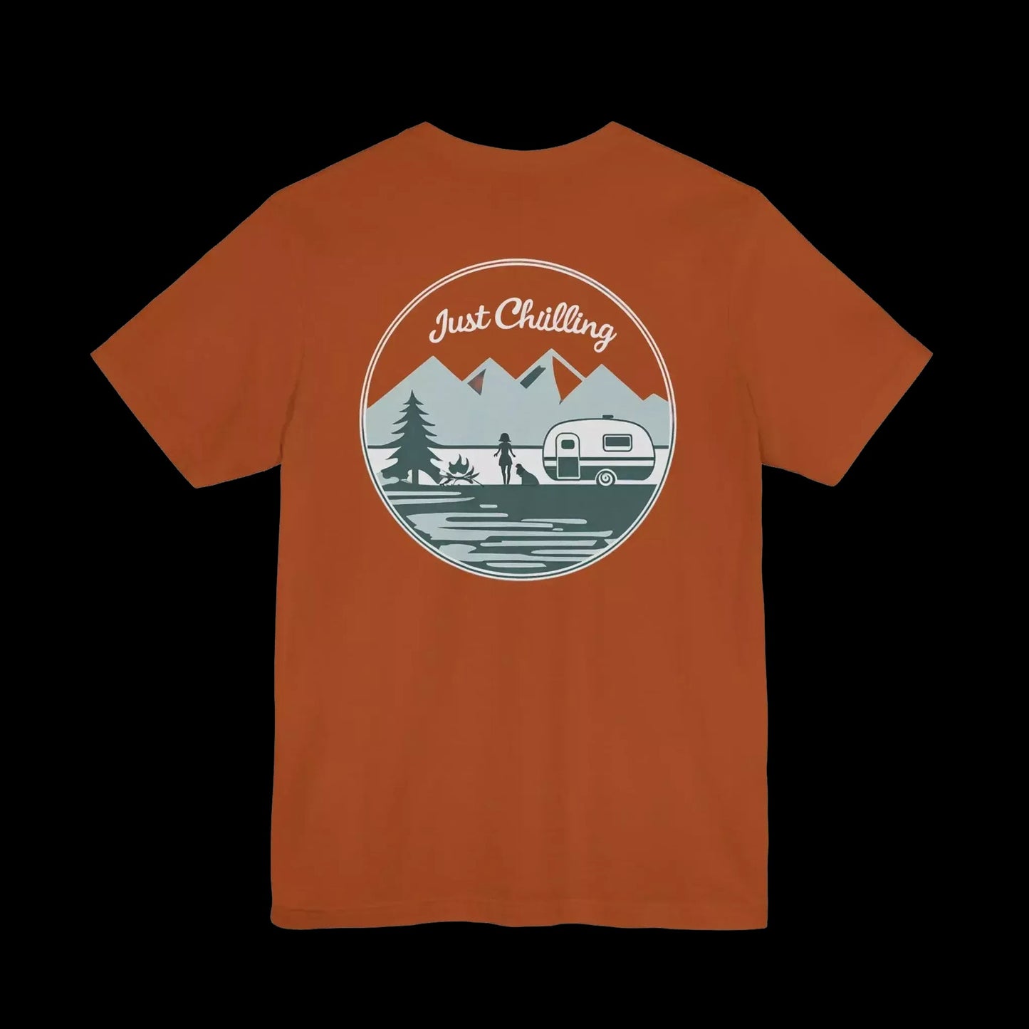 An orange t-shirt with a graphic design featuring a camping scene with a camper van, mountains, and a person.