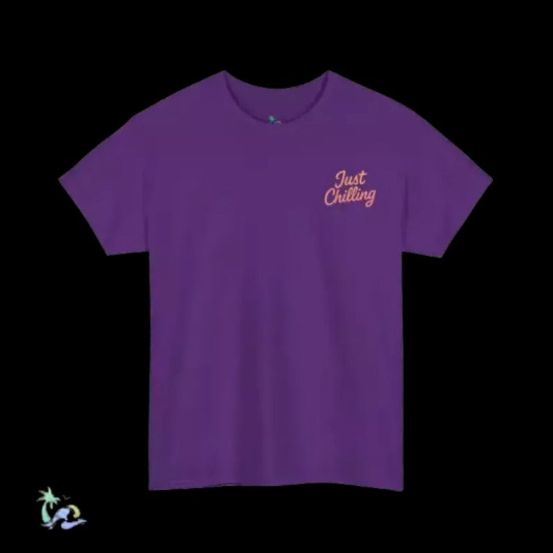 A purple t-shirt with the text "Just Chilling" printed on it.