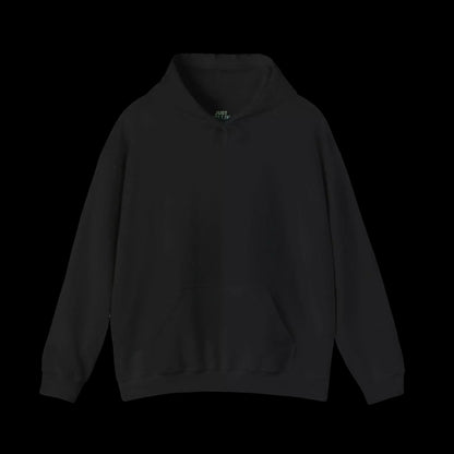 A black hoodie with a small logo on the front.