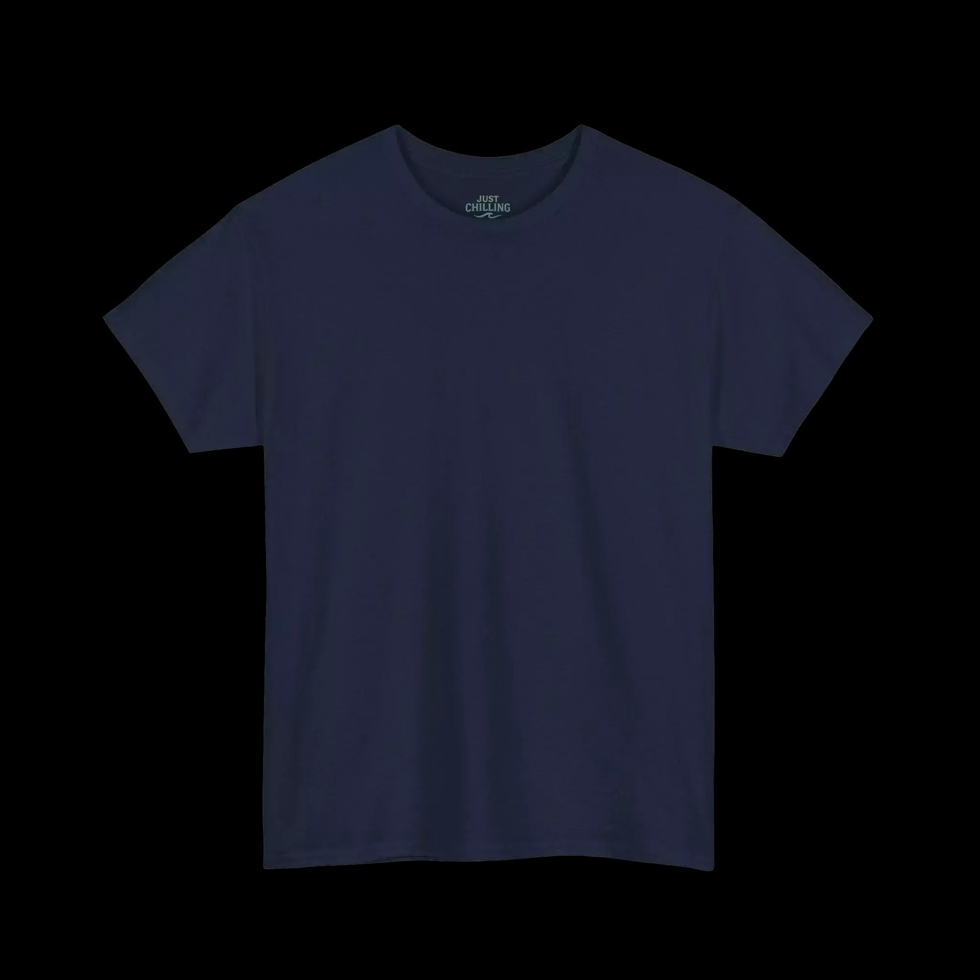 A plain, navy blue t-shirt is shown against a black background.