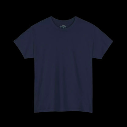 A plain, navy blue t-shirt is shown against a black background.
