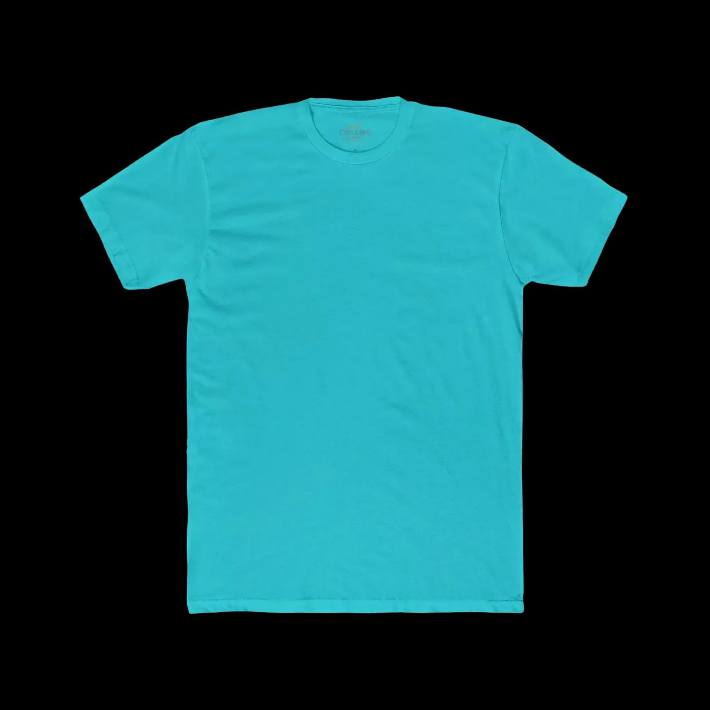 A turquoise t-shirt is displayed against a black background.