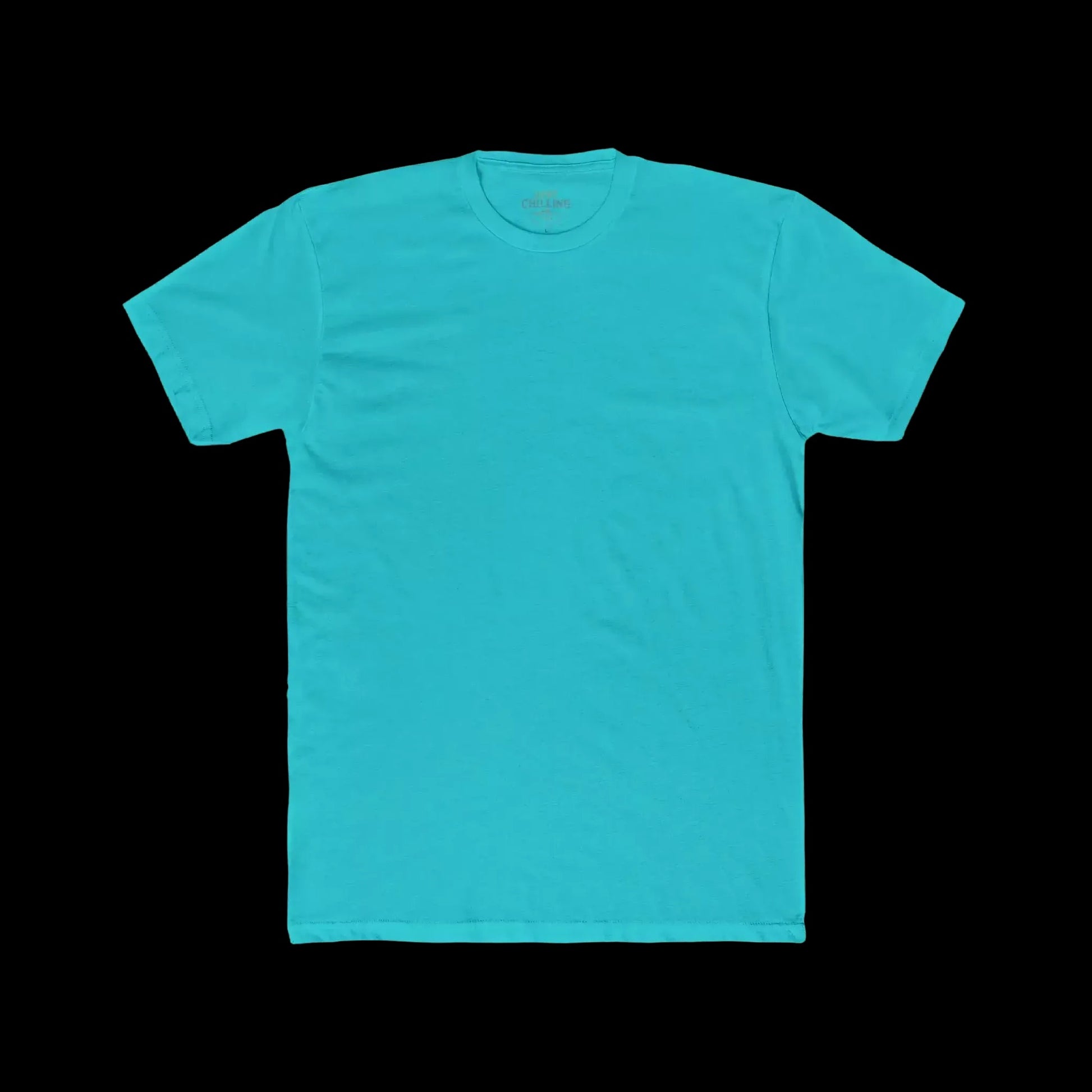 A turquoise t-shirt is displayed against a black background.