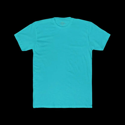 A turquoise t-shirt is displayed against a black background.