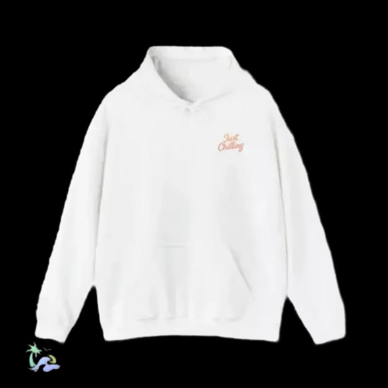 A white hoodie with the text "Just Chilling" printed on it.