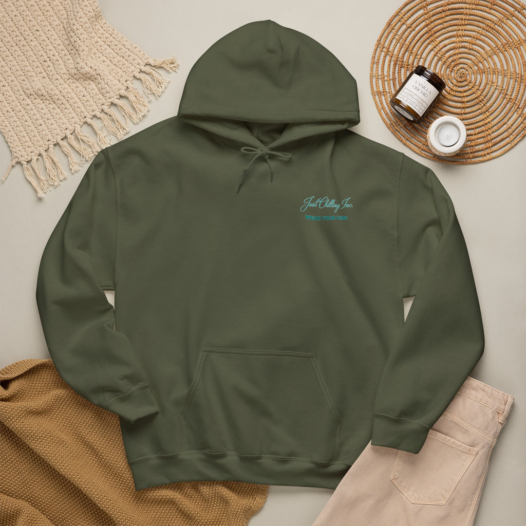 Green hoodie with a logo on a neutral background