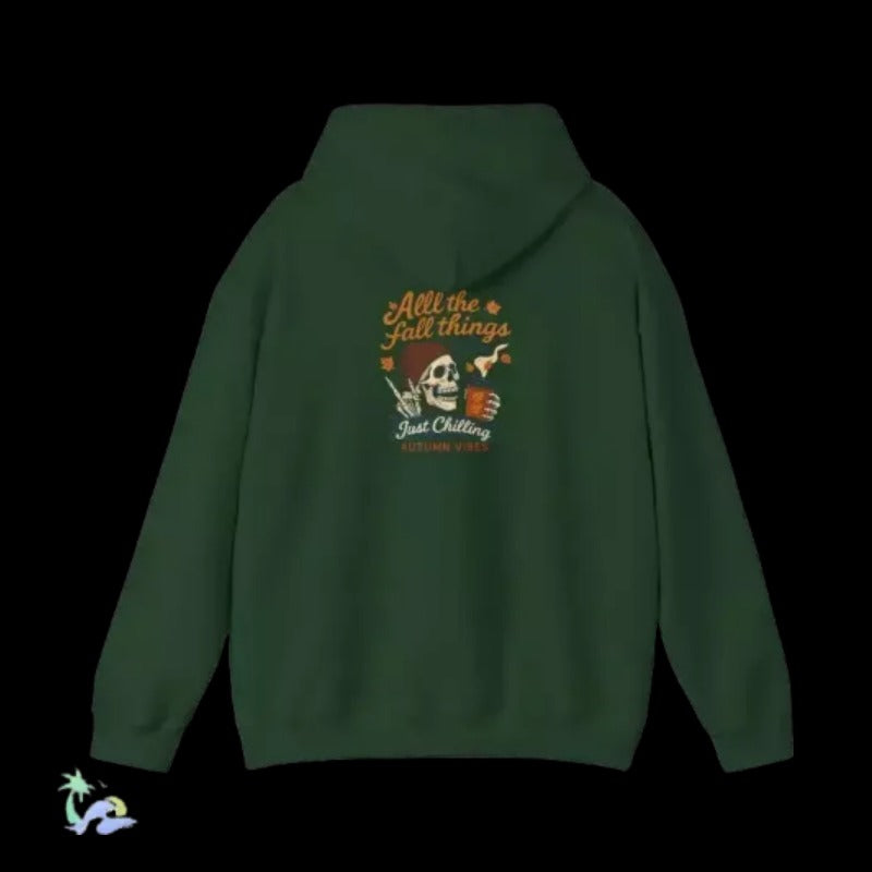 A green hoodie with a graphic design on the back.