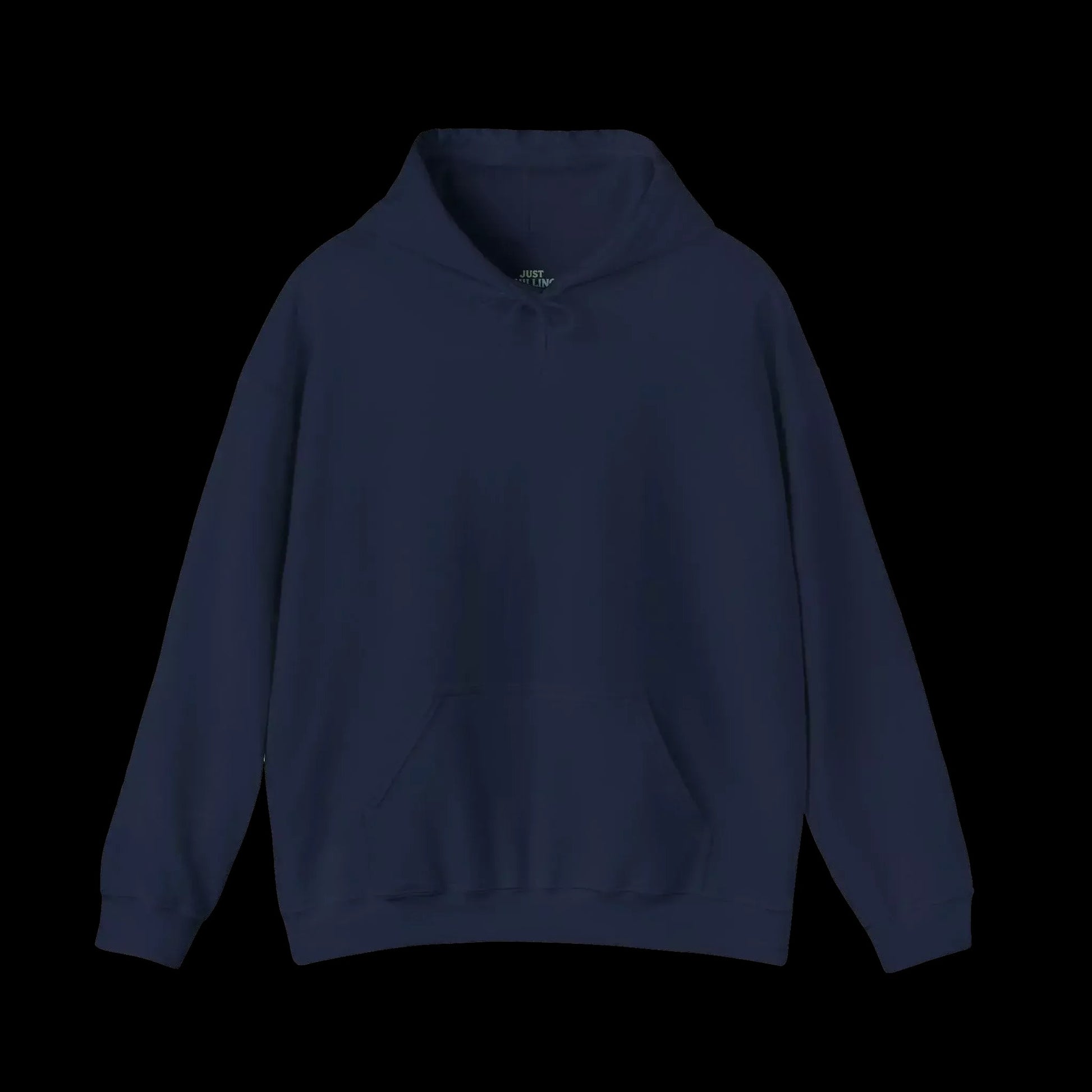 A navy blue hoodie with a drawstring hood and front pocket.