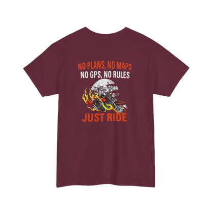 The image is a t-shirt with a graphic design featuring a motorcycle and flames, along with text that reads "NO PLANS, NO MAPS, NO GPS, NO RULES JUST RIDE".