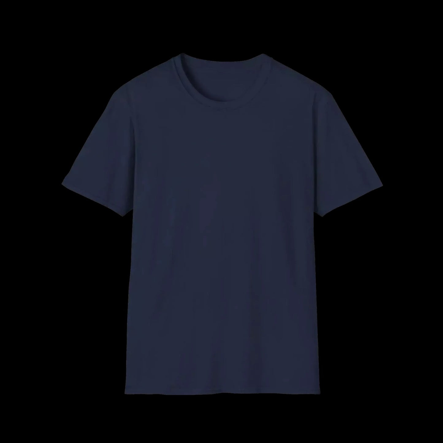 A plain navy blue t-shirt against a black background.