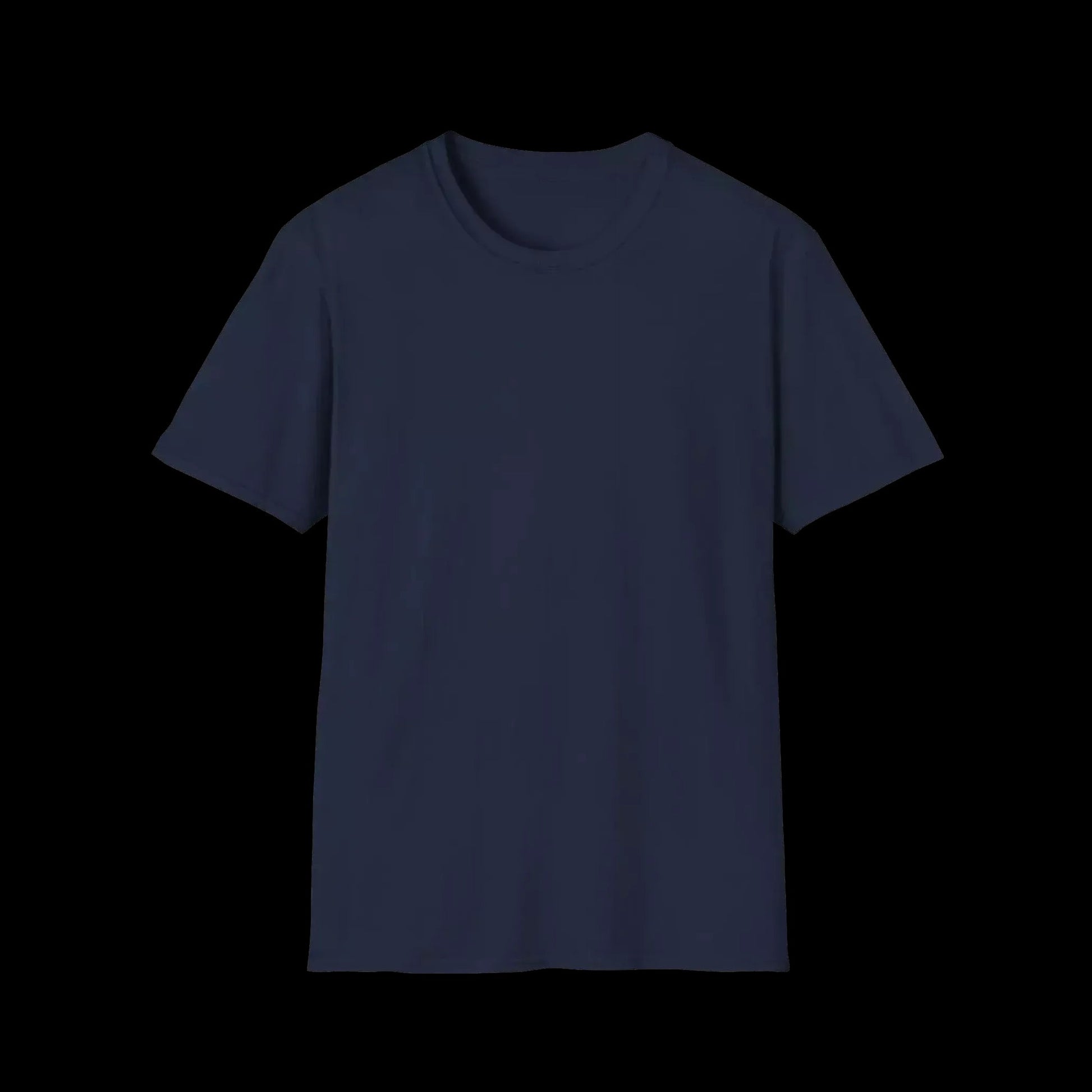 A plain navy blue t-shirt against a black background.