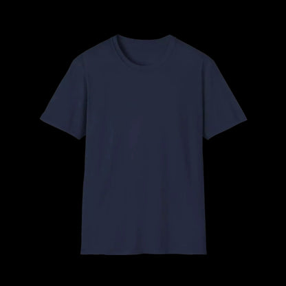 A plain navy blue t-shirt against a black background.