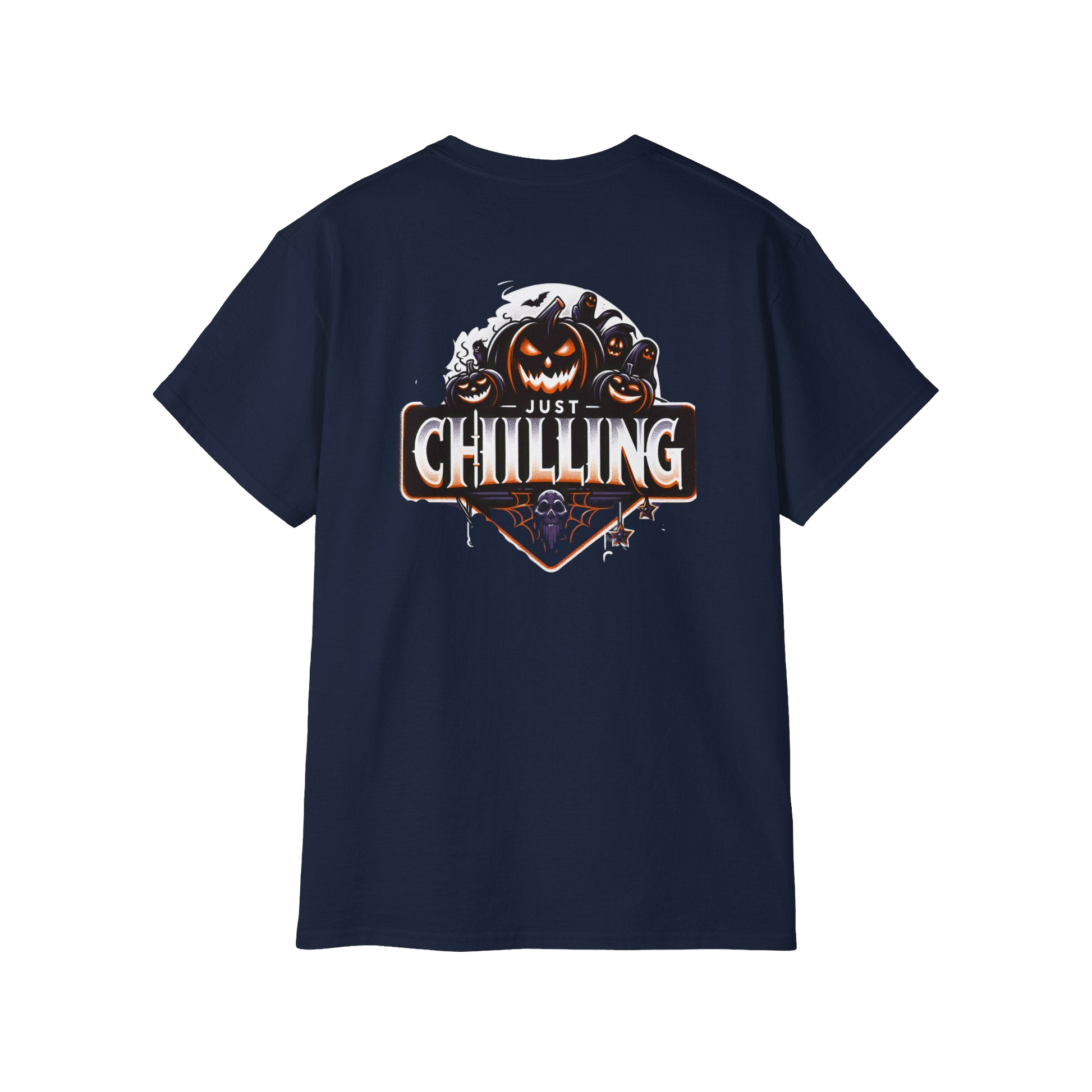 A navy blue t-shirt with a graphic design featuring a pumpkin and a text that says "Just Chilling".