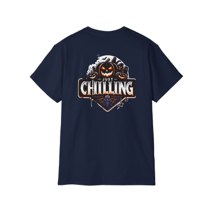 A navy blue t-shirt with a graphic design featuring a pumpkin and a text that says "Just Chilling".
