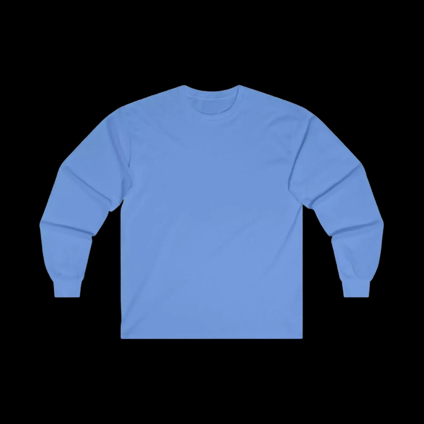 A plain, light blue long-sleeved shirt is shown against a black background.