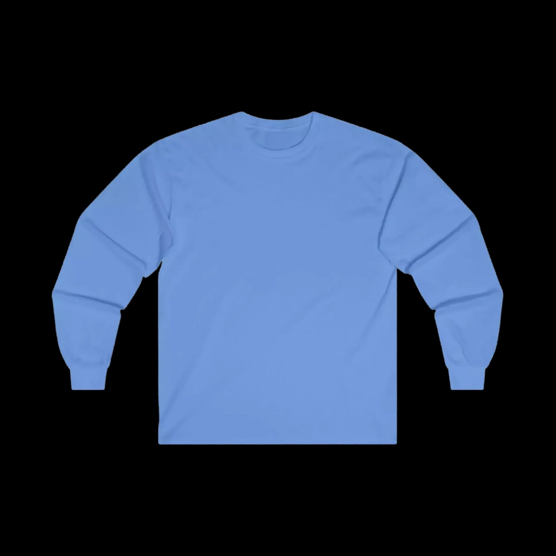A plain, light blue long-sleeved shirt is shown against a black background.