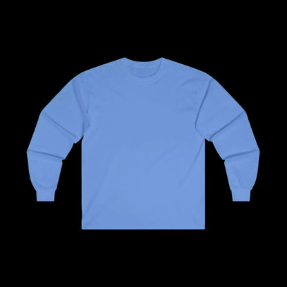 A plain, light blue long-sleeved shirt is shown against a black background.