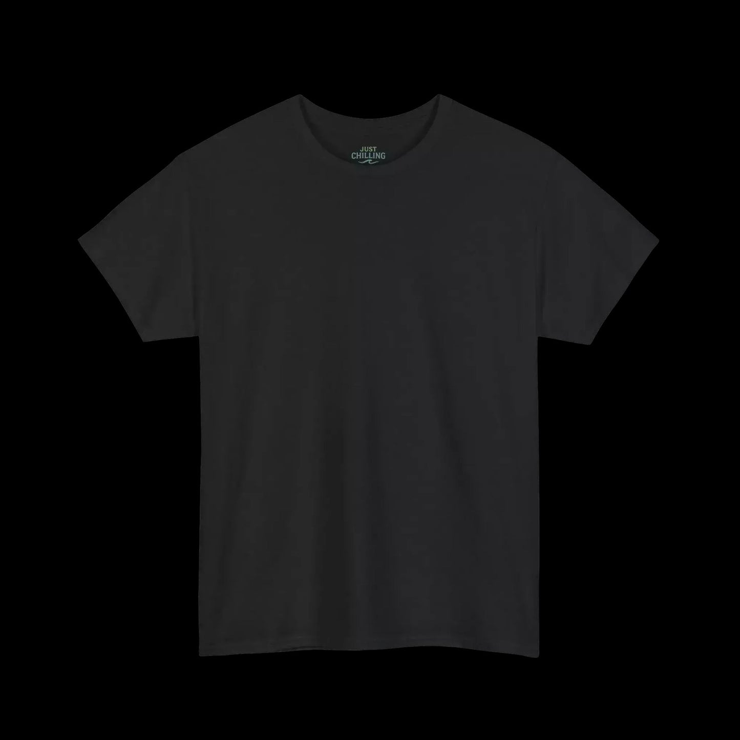 A plain black t-shirt against a black background.