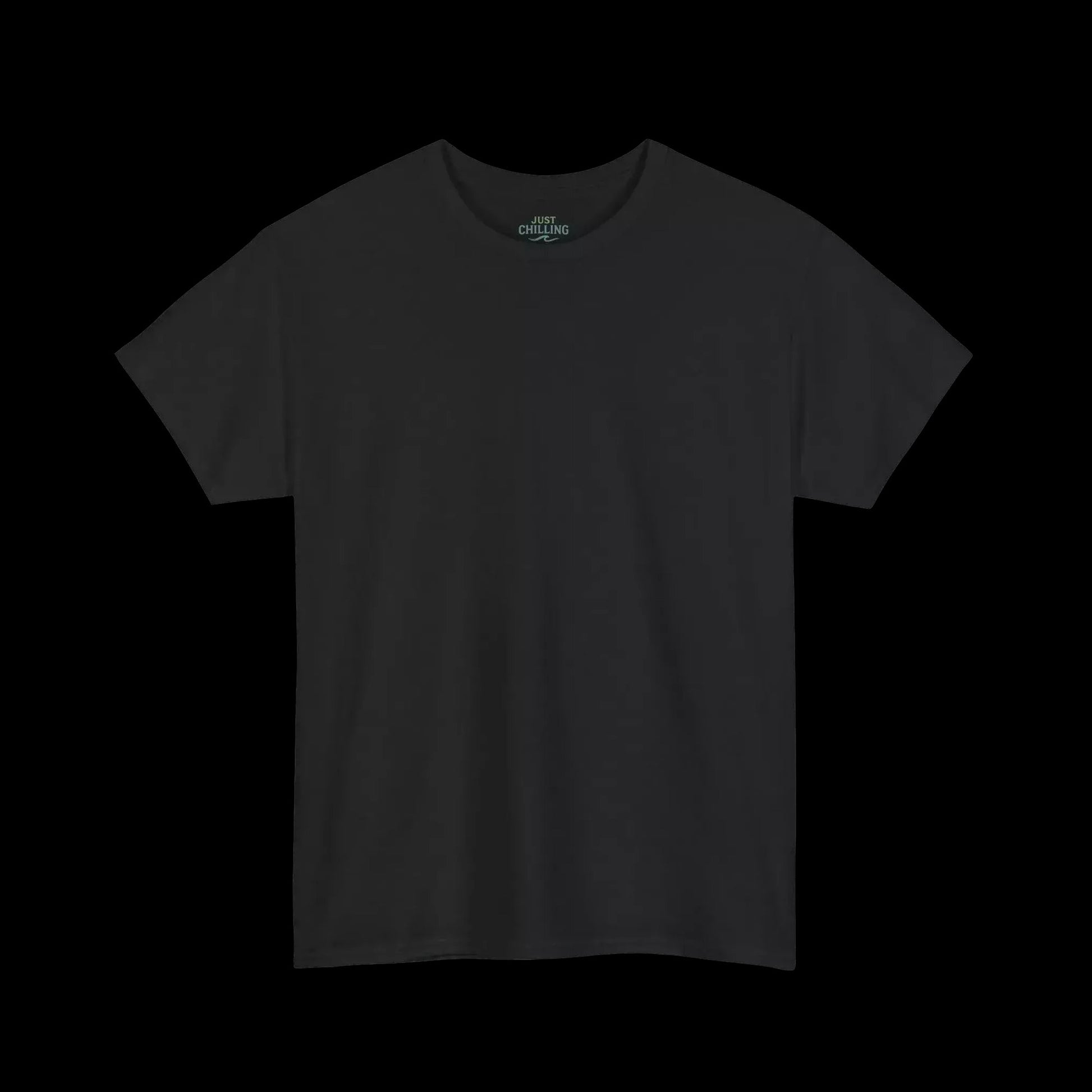 A plain black t-shirt against a black background.