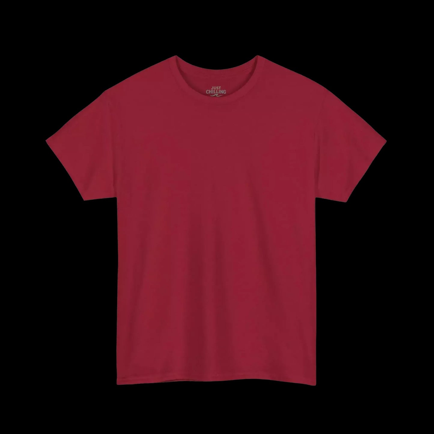 A red t-shirt is shown against a black background.