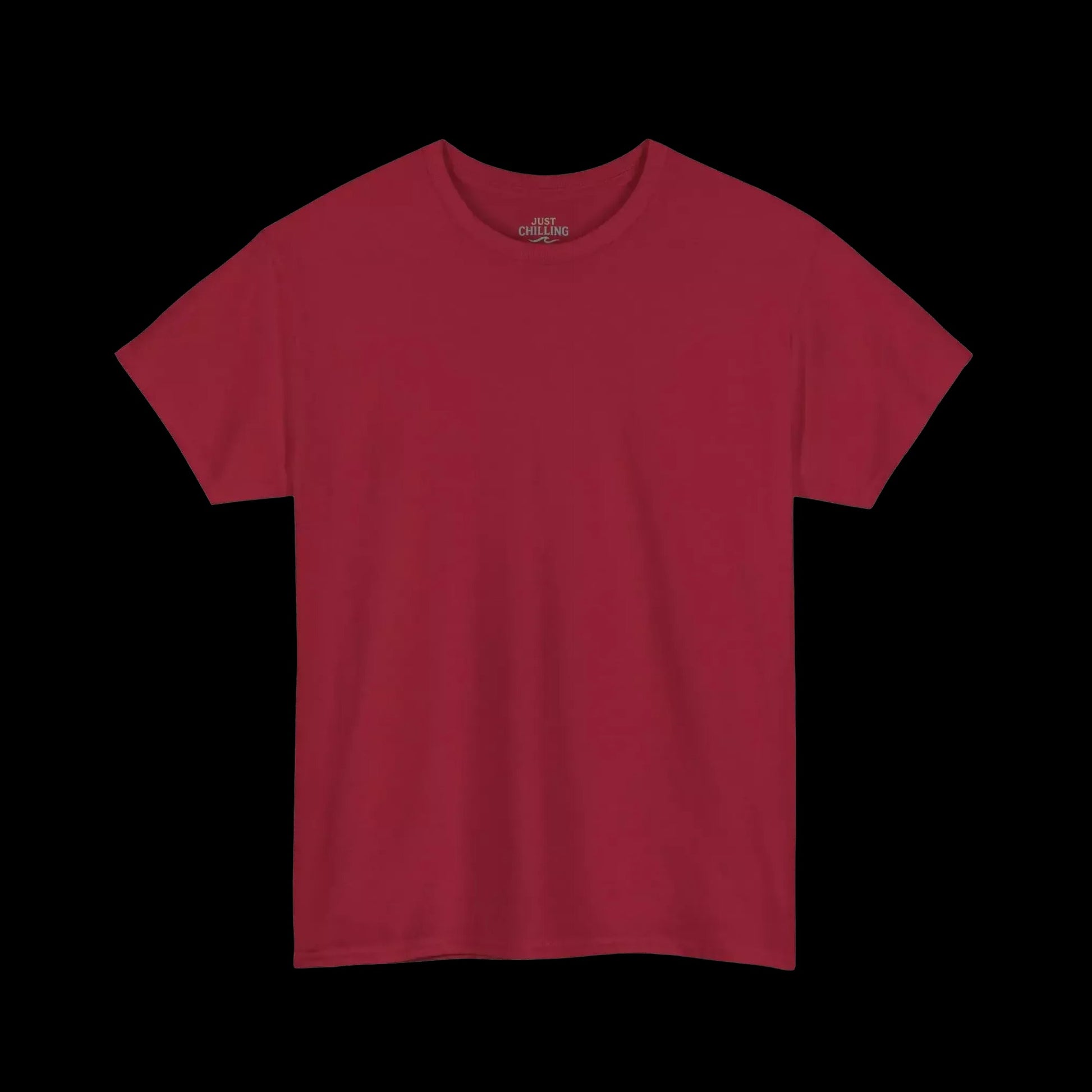 A red t-shirt is shown against a black background.