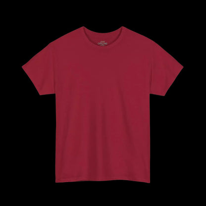 A red t-shirt is shown against a black background.