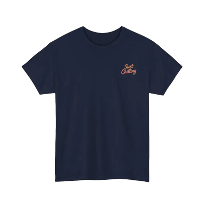 A navy blue t-shirt with a small orange text logo on the left side.