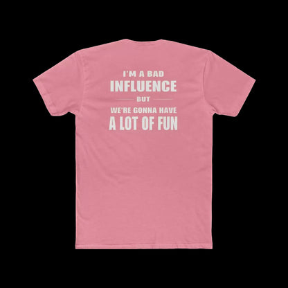 A pink t-shirt with white text on the back.