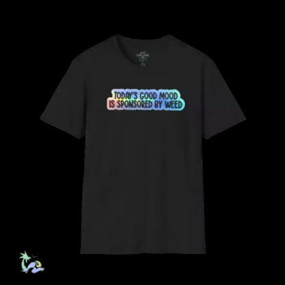 A black t-shirt with a colorful text logo on it.