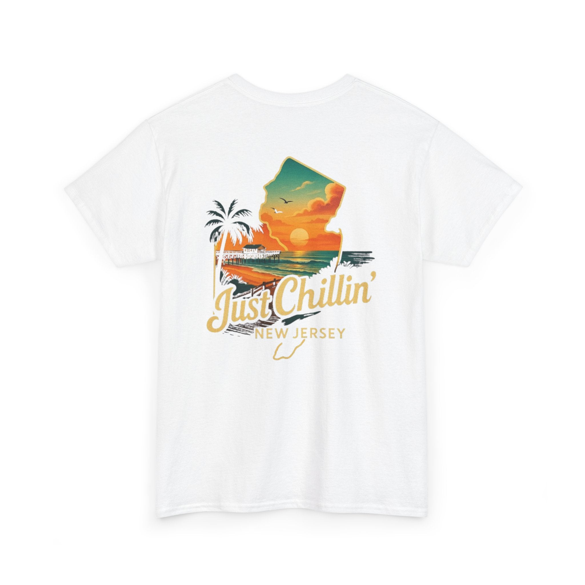 Unisex Heavy Cotton Tee - Just Chilling NJ Sunset Design, Casual Wear, Summer Vibes, Beach Outfit, Gift for Friends, Relaxation Tee