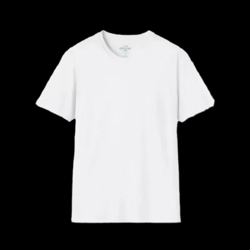 A plain white t-shirt against a black background.