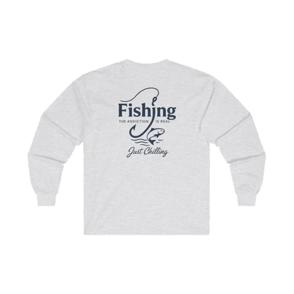 A white long-sleeved shirt with a graphic design on the back.