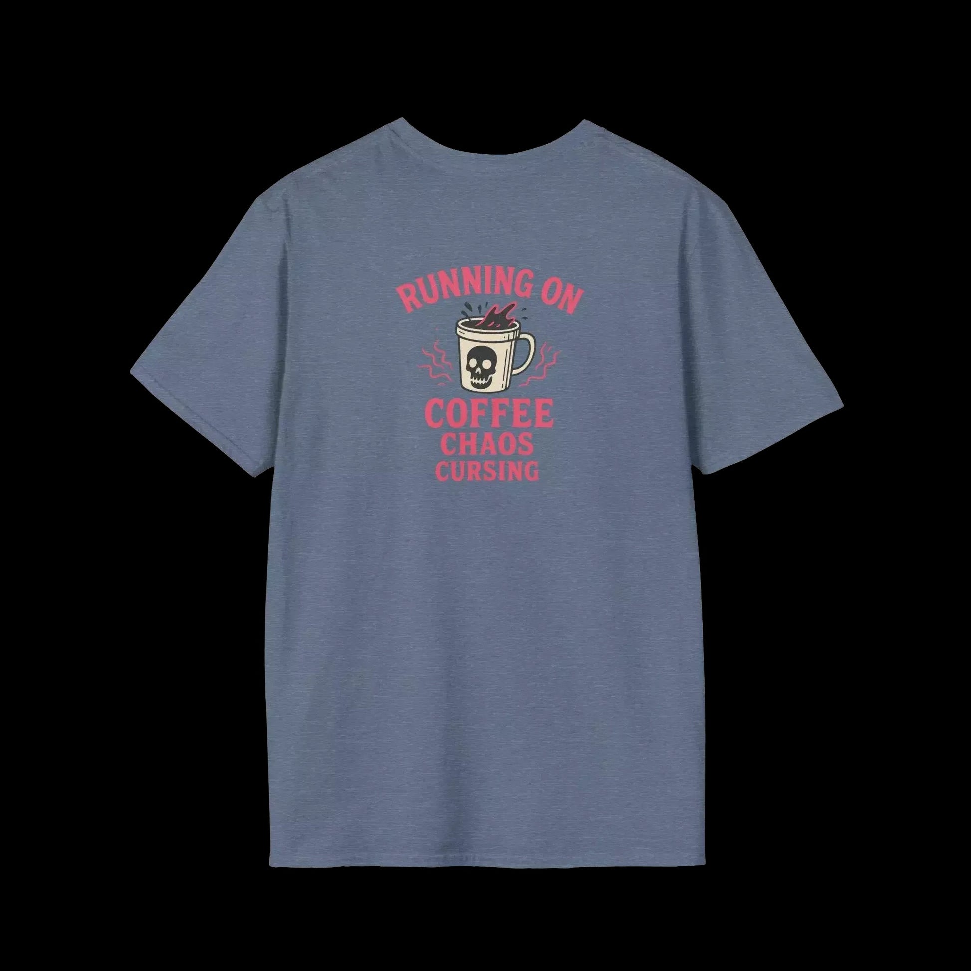 A gray t-shirt with a graphic design that says "RUNNING ON COFFEE CHAOS CURSING" and features a skull and mug icon.
