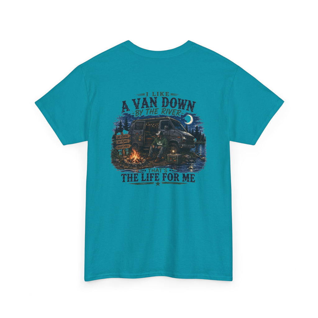 T-Shirt — “I Like a Van Down by the River” Vintage Campfire Van Life Tee